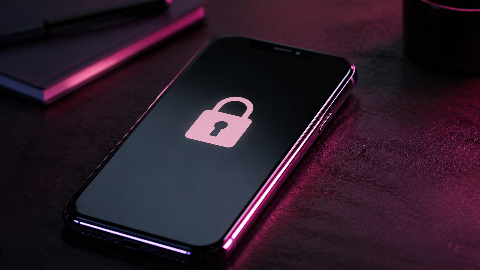 A close-up of a discreet, unmarked bank card and a phone showing a neutral statement line, lit by soft magenta neon — discreet billing by IPTV Adults